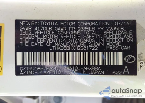 2017 Lexus Ct 200H из США, поврежденный, VIN JTHKD5BHXH2281722